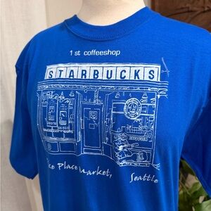 Starbucks Pike Place Market Seattle Graphic T-Shirt Blue Medium